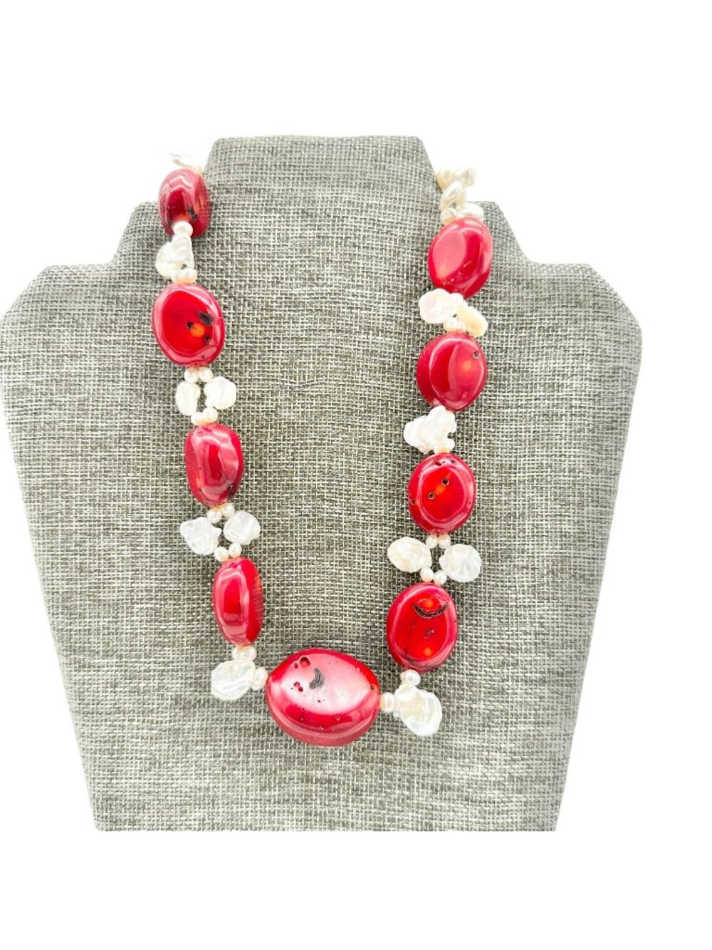 By Grace Necklace Red Polished Coral Freshwater Pearls Silver Tone Adjustable